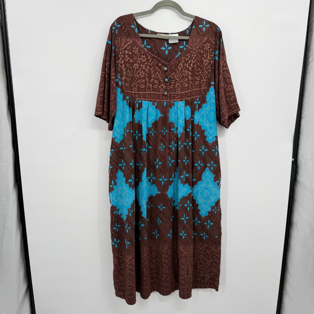Vintage House Dress Lounge Kaftan Size 1X Brown Teal Pockets Boho Hippie Artsy